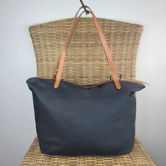 Lauren Ralph Lauren Black Nylon Shoulder Tote Bag Purse Brown Leather Trim - Picture 2 of 16